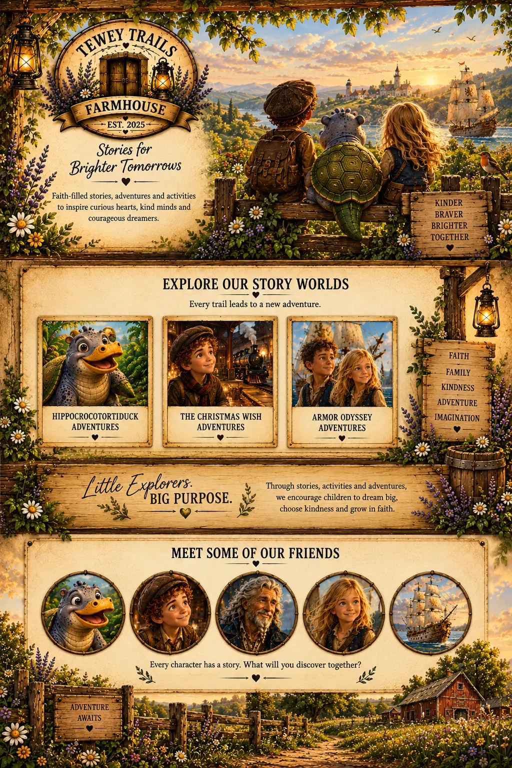Three framed Tewey Trails story worlds: Hippocrocotortiduck in the jungle, a boy beside a Christmas train garden, and two children aboard a sailing ship