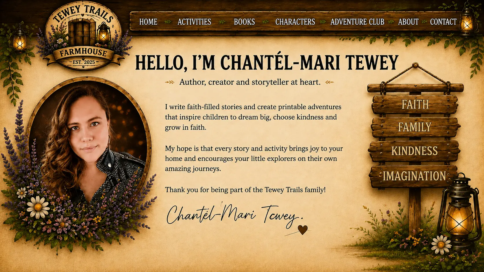 Illustrated oval portrait frame of author Chantél-Mari Tewey surrounded by painted lavender and daisies