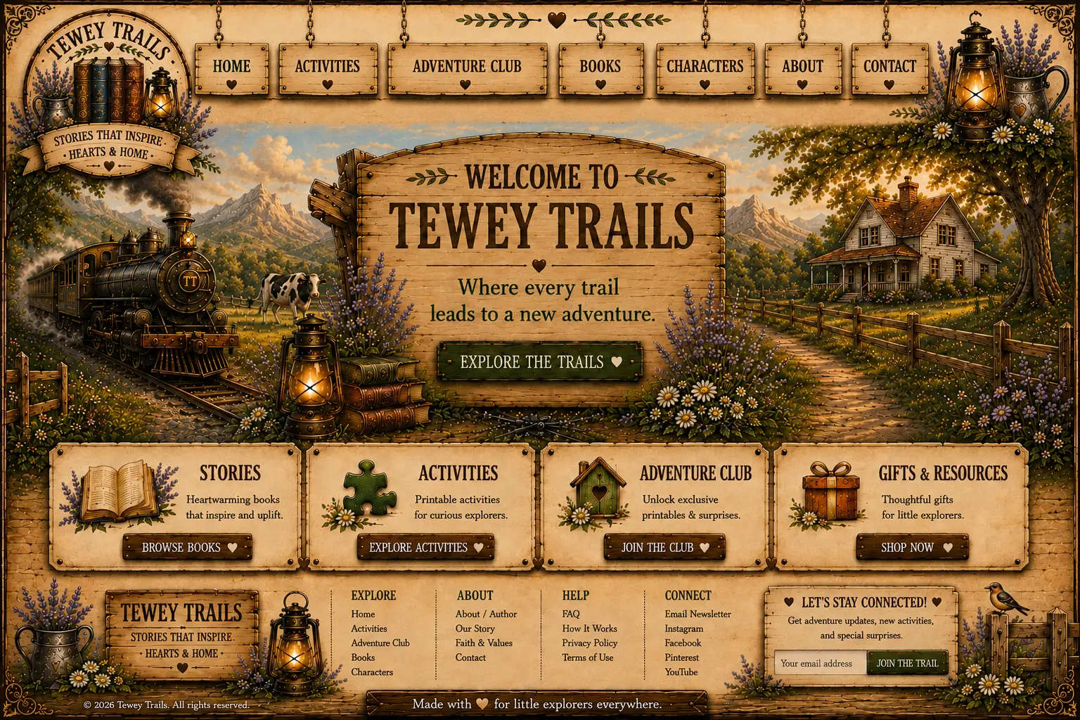 Illustrated Tewey Trails steam train winding past a grazing cow, wildflowers and mountains beneath a hand-lettered banner
