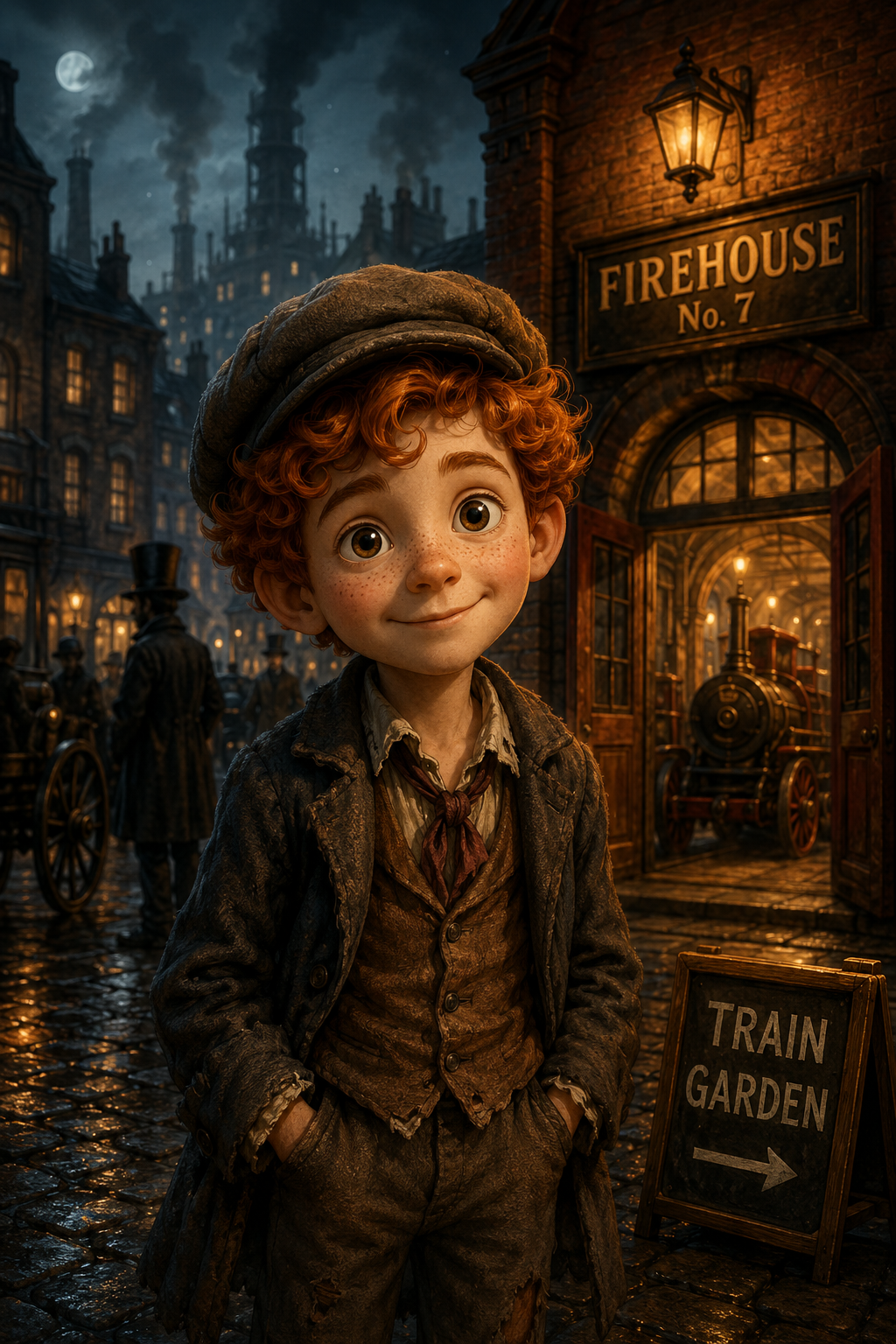 Jacob, a young boy with curly ginger hair, freckles and a hopeful smile, standing outside Firehouse No. 7 beside a Train Garden sign on a lamplit cobblestone street
